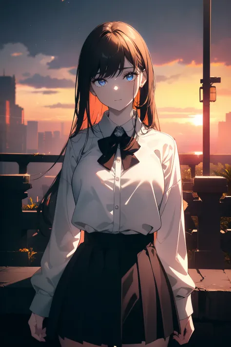 (((Obra maestra, La mejor calidad, ultrahigh resolution))), 1girl, standing, school uniform, white office shirt, black pleated skirt, ((light brown hair:0.7)), long hair cut, pale skin, ((blue eyes)), glowing_eyes, neon eyes, (((ultra detailed eyes, beauti...