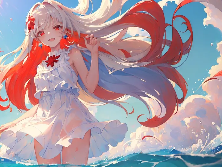 happy,(((masterpiece))),best quality,white sundress,ocean,((blue sky)),standing,from below,(beautiful detailed girl),earrings,long hair,swept bangs,blond hair, (1 girl),hand in own hair,wind,water splash,((((red eyes))))