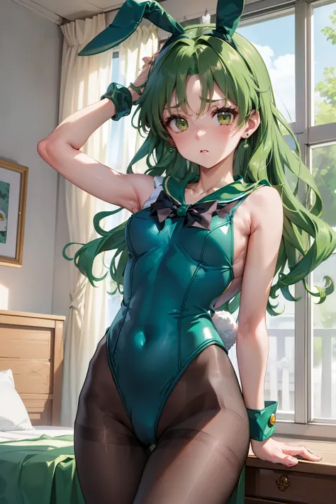 masutepiece, Best Quality, 1girl in, (Sailor Neptune),Green head hair, (Green eye:1.2),((bunnygirl))、((Leotard))、length hair、((embarassed expression))、((Bedroom))、((rabbitears))、((highleg))、((pantyhose))、((Shoulder out))、((bare neck from shoulders))