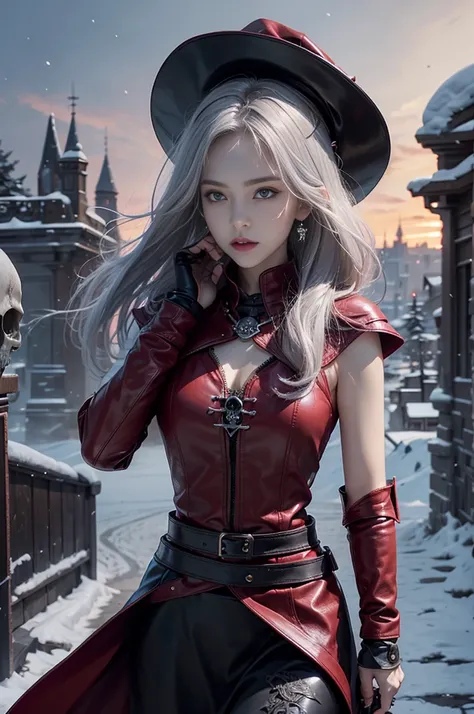 full body Esbian, of the highest quality, Intricately detailed skins, Shiny skin, Shiny hair, pale complexion，Big breasts), 　Red sky,　Continuous snow， Castle terrace, ((Skull Mark)), ambitious, Seductive Woman, Gray hair, Long hair, Hair fluttering in the ...