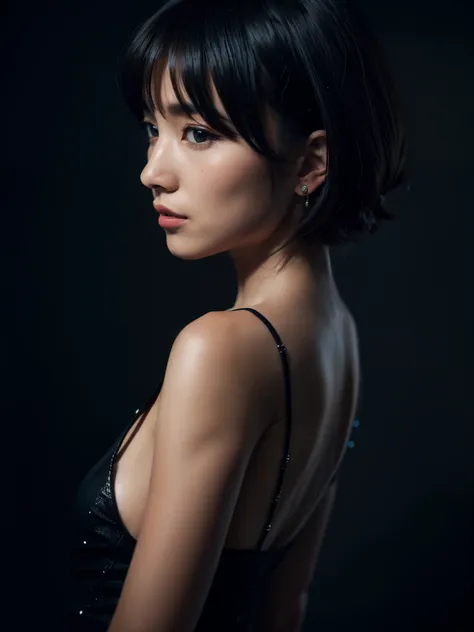 one-girl, short hair, deep dark background, contre-jout, (look at the viewer:1.5), side view