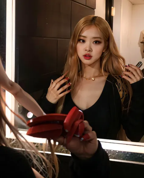 there is a woman that is brushing her hair in the mirror, parque roseanne do blackpink, retrato de jossi de blackpink, mulher su...