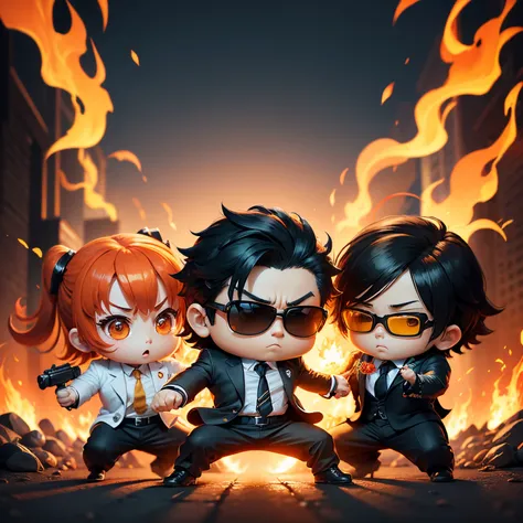 ​masterpiece、top-quality、ultra-detailliert、(One gang of chibi characters:1.2),Black sunglasses,Business suits,fighting poses,Orange and yellow flames shoot out from the hands.、Full-body standing figure、One chibi character man