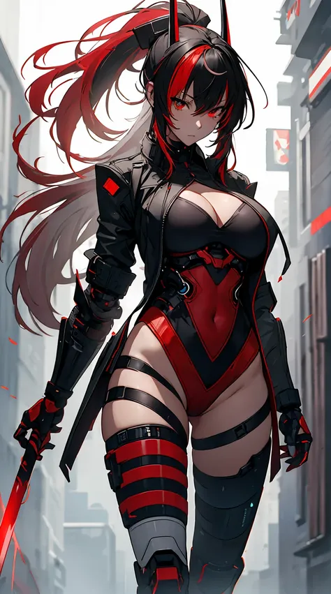 (best quality:1.3, masterpiece, anime) (solo) ((black hair:1.8), (hair with red highlights:1.7), (very long hair, single ponytail)), ((heterochromia_eyes_red_and_grey:1.4)), thick thighs, huge breasts, muscular, athletic, (cyborg:1.6), (robot arms:1.4), (r...