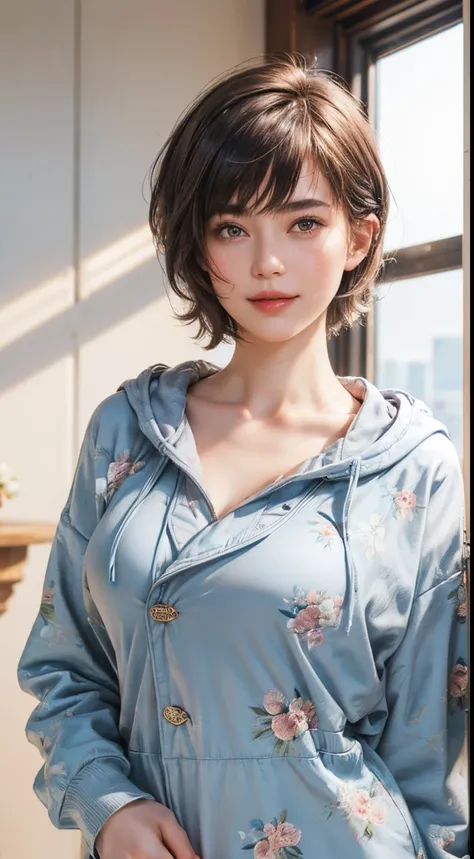 132
(a 20 yo woman,Wearing sportswear), (A hyper-realistic), (high-level image quality), ((beautiful hairstyle 46)), ((short-hair:1.46)), (Gentle smile), (breasted:1.46), (lipsticks), (Large room), (florals), (wearing hoodies)