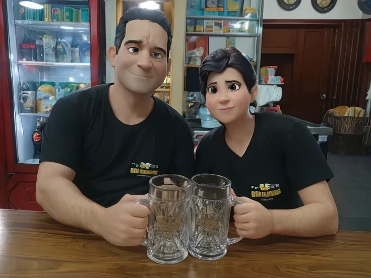 do lado direito temos um homem de aparencia mais madura segurando uma caneca de vidro, ao lado dele esta uma mulher mais velha de cabelo curto Estilo Pixar, alta qualidade