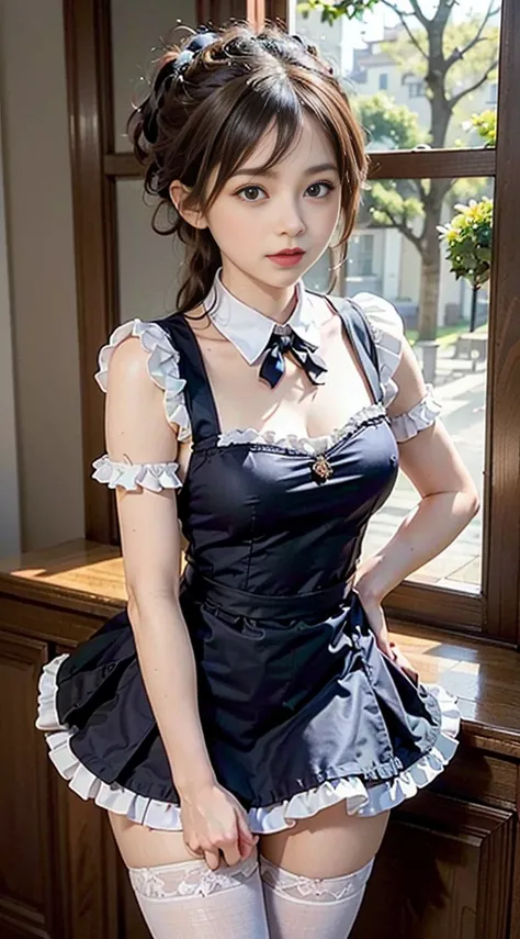 quality, tmasterpiece, hyper HD, (realisticlying: 1.4), RAW photogr, 1 girl, british maid, Ruffled Maid Katyusha, pony tails, Braided hair, Blouses with ruffles, Ribbon Ties, aprons, long  skirt, puff sleeves, white stockings, Glowing skin, victorian age, ...