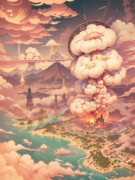 Japan map background，A massive，mushroom cloud