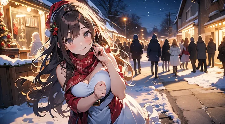 (masterpiece), (best quality), girl standing outside in the snow, wavy brown hair, christmas outfit, santa claus outfit, bikini, sexy, perfect body, christmas lights, night