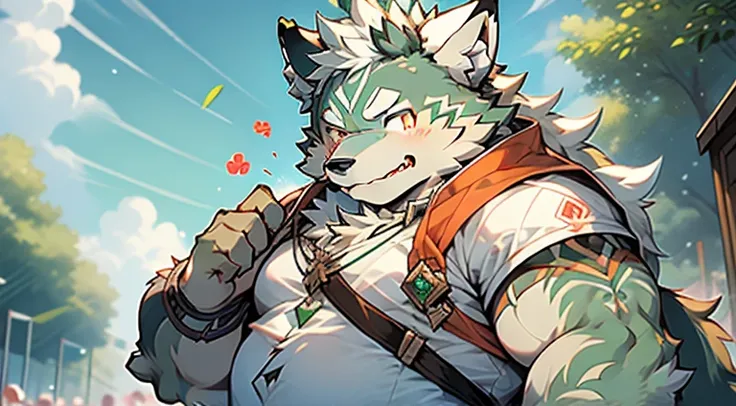 Male wolf ，light green and white fur, frontage，The face turns red，Small stature, Chubby，Tsundere，Small penis, festival road background