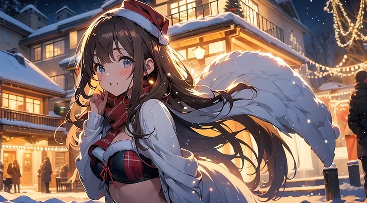 (masterpiece), (best quality), girl standing outside in the snow, wavy brown hair, christmas bikini, sexy, perfect body, christmas lights, night