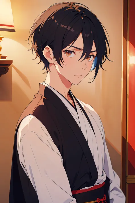 A boy with medium to short hair，shoulder length hair，black color hair，The expression is impatient，Handsome boys，Wear  Hanfu，Libido boy