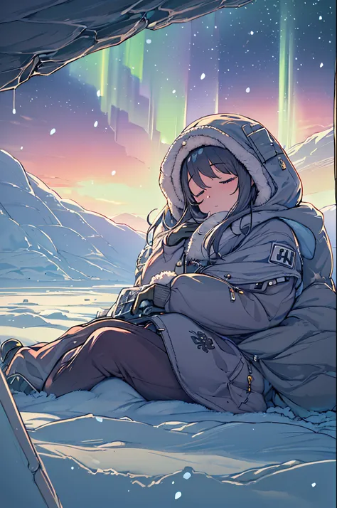 masutepiece、One girl、Winter gear、Antarctic base、bw looking up at the aurora,In a sleeping bag、Are sleeping