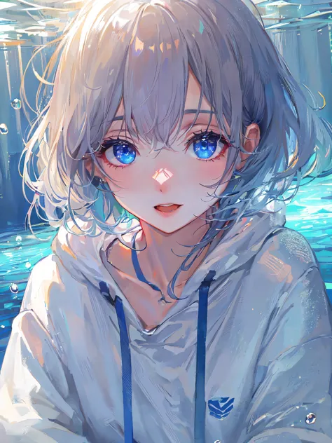 ((top-quality)), ((​masterpiece)), ((ultra-detailliert)), (Extremely delicate and beautiful), girl with, report, cold attitude,((White hoodie)),She is very(relax)with  the(Settled down)Looks,depth of fields,Evil smile,Bubble, under the water, Air bubble,Un...