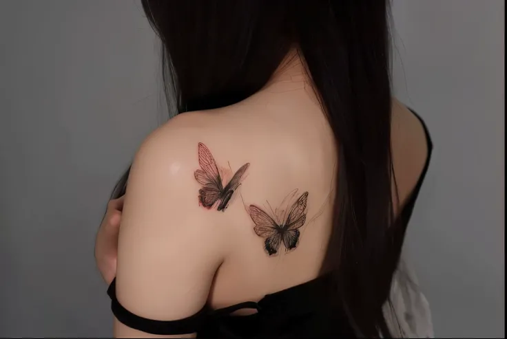 uma mulher com uma tatuagem de borboleta nas costas do ombro, symmetrical wings on back, tatuagem no ombro, por Yang J, Meio-mulher Meio-borboleta, de menina taiwanesa com tatuagens, tatuagem no ombro, black wings instead of arms, borboleta, borboletas neg...