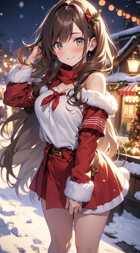 (masterpiece), (best quality), girl standing outside in the snow, wavy brown hair, christmas outfit, santa claus outfit, sexy, perfect body, christmas lights, night