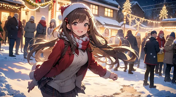 (masterpiece), (best quality), girl standing outside in the snow, wavy brown hair, christmas outfit, santa claus outfit, sexy, perfect body, christmas lights, night