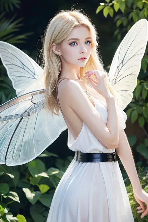 pixie、white fitted tunic、a belt、Insect wings on the back、Beautuful Women、Glamorous、a blond、Longhaire、blue eyes、and draw the full body、Look at viewers、in detail、Realistic as a photo