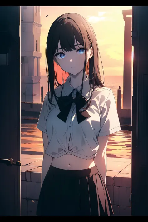 (((Obra maestra, La mejor calidad, ultrahigh resolution))), 1girl, standing, school uniform, white office shirt, black pleated skirt, ((light brown hair:0.7)), long hair cut, pale skin, ((blue eyes)), glowing_eyes, neon eyes, (((ultra detailed eyes, beauti...