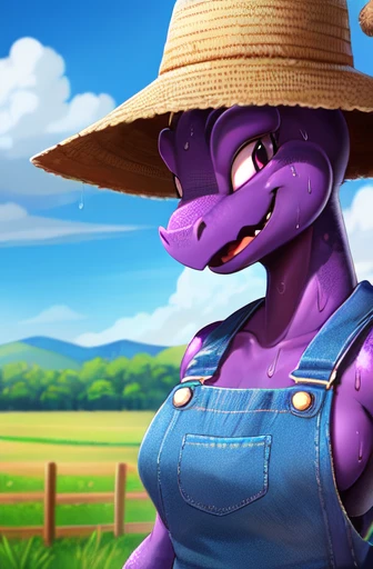 Female, antro, solo, (average breasts), (curvy:1.2), kobold, (purple scales:1.1), (dark spots), (overallarmer hat), (sweat:1.2), happy, caring, smiling, mature, farm background, nature, highly detailed, high resolution, detailed eyes, detailed hands, detai...