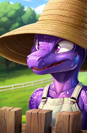 Female, antro, solo, (average breasts), (curvy:1.2), kobold, (purple scales:1.1), (dark spots), (overallarmer hat), (sweat:1.2), happy, caring, smiling, mature, farm background, nature, highly detailed, high resolution, detailed eyes, detailed hands, detai...