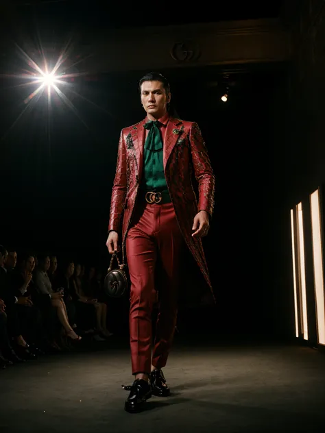 german, beautiful asian fashion model, (1 male), angry, ((gucci:1.2)), luxury wear, f/w season, avant-garde, in fashion show runway, stage, anamorphic lens flare, photorealistic, cinematic lighting, dark atmosphere, volumetric lighting, action pose, epic s...