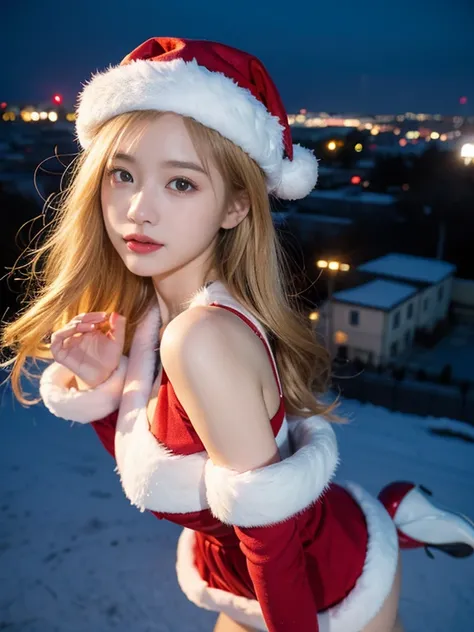 in 8K、top-quality、​masterpiece、ultra-detailliert、Ultra-high resolution、1 persons、17 years old girl、Its snowing、nightcity、a blond、santa costume、(((Aerial view)))、dance