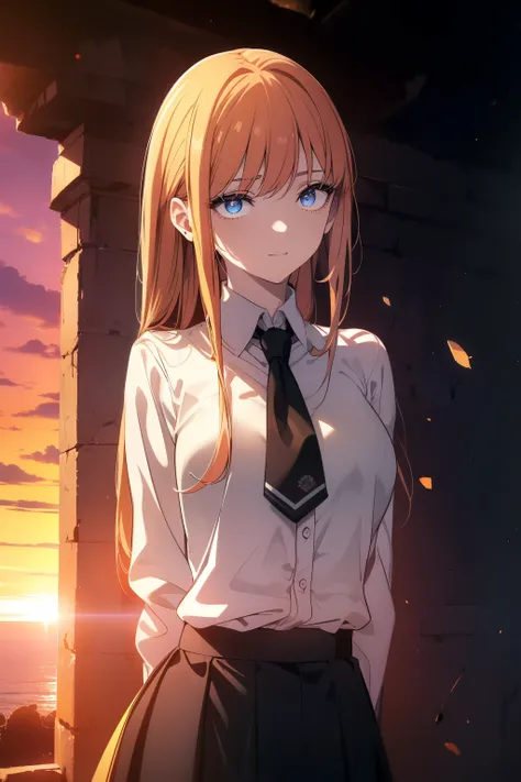 (((Obra maestra, La mejor calidad, ultrahigh resolution))), (((sunset background, massive detailed sun behind subject))), 1girl, standing, school uniform, white office shirt, black pleated skirt, ((light brown hair:0.7)), long hair cut, pale skin, ((blue e...