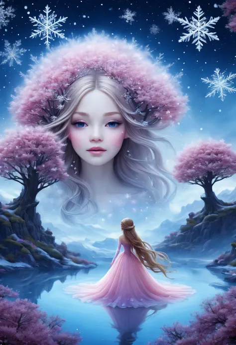 The princess&#39;s face appears in the air，winter landscape，Surreal wonderland，Dreamy cloud and fairy island，(Big snowflakes:1.3)，Colorful big snowflakes are flying，A princess&#39;The palace is covered with snow，The tree of life blooms with endless vitalit...