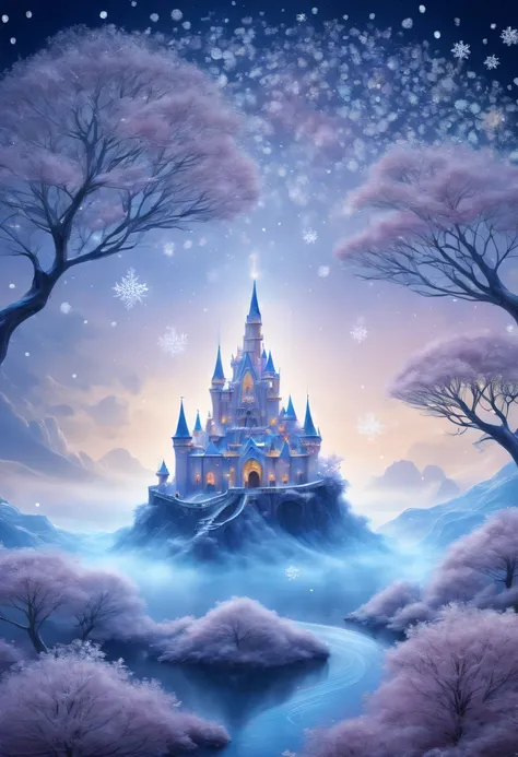 The princess&#39;s face appears in the air，winter landscape，Surreal wonderland，Dreamy cloud and fairy island，(Big snowflakes:1.3)，Colorful big snowflakes are flying，A princess&#39;The palace is covered with snow，The tree of life blooms with endless vitalit...