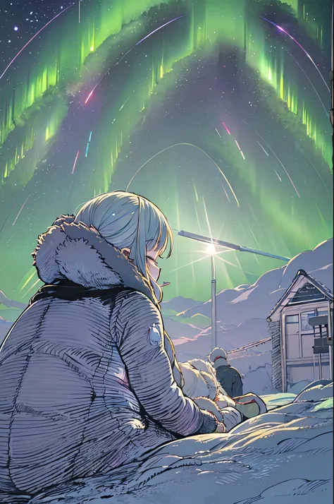 masutepiece、One girl、Winter gear、Antarctic base、bw looking up at the aurora,In a sleeping bag、Are sleeping