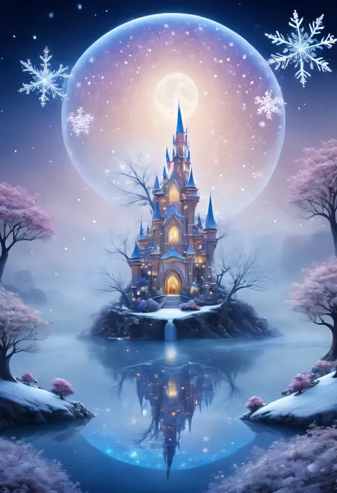 The princess&#39;s face appears in the air，winter landscape，Surreal wonderland，Dreamy cloud and fairy island，(Big snowflakes:1.3)，Colorful big snowflakes are flying，A princess&#39;The palace is covered with snow，The tree of life blooms with endless vitalit...