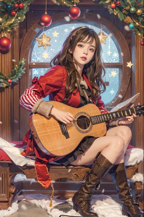 woman sitting and playing guitar、brunette disheveled hair、precision 6 string acoustic guitar:1.2、Anatomically correct fingers、acoustic guitar、1 guitar only、Please look straight ahead and sing、(Turn your face forward:1.2)、Christmas、santa girl costume、a mini...