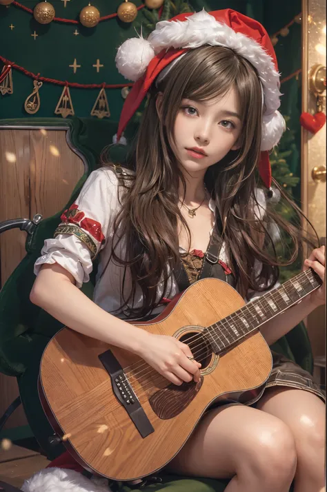 woman sitting and playing guitar、28 year old、brunette disheveled hair、precision 6 string acoustic guitar:1.2、Anatomically correct fingers、acoustic guitar、1 guitar only、Please look straight ahead and sing、(Turn your face forward:1.2)、Christmas、santa costume...