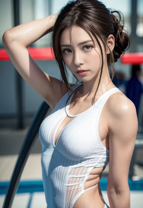 8K, of the highest quality, masutepiece:1.2), (Realistic, Photorealsitic:1.3), of the highest quality, masutepiece, Beautiful young woman, Pensive expression, Thoughtful look, Competitive swimmers、swim wears、Hair tied back, Cinematic background, Light skin...