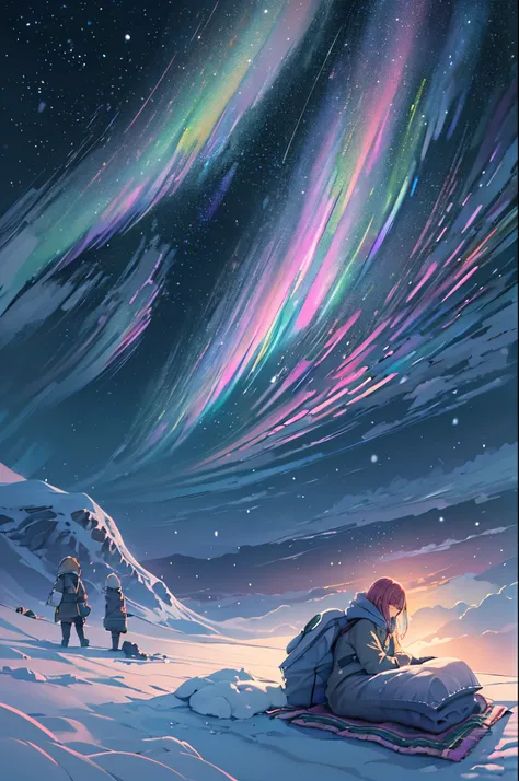 masutepiece、One girl、Winter gear、Antarctic base、bw looking up at the aurora,In a sleeping bag、Are sleeping