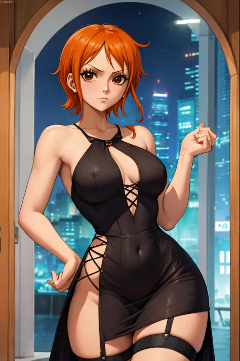 nami from one piece, short orange hair, sexy girl, erotic, stockings, cute girl, short night dress, night club, night, dark dres...