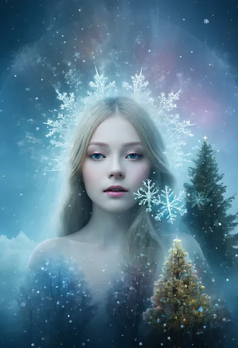 The princess&#39;s face appears in the air，(multiple exposure:1.8),winter landscape，Surreal wonderland，Dreamy cloud and fairy island，(Big snowflakes:1.3)，Colorful big snowflakes are flying，A princess&#39;The palace is covered with snow，The tree of life blo...