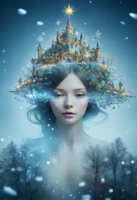 The princess&#39;s face appears in the air，(multiple exposure:1.8),winter landscape，Surreal wonderland，Dreamy cloud and fairy island，(Big snowflakes:1.3)，Colorful big snowflakes are flying，A princess&#39;The palace is covered with snow，The tree of life blo...