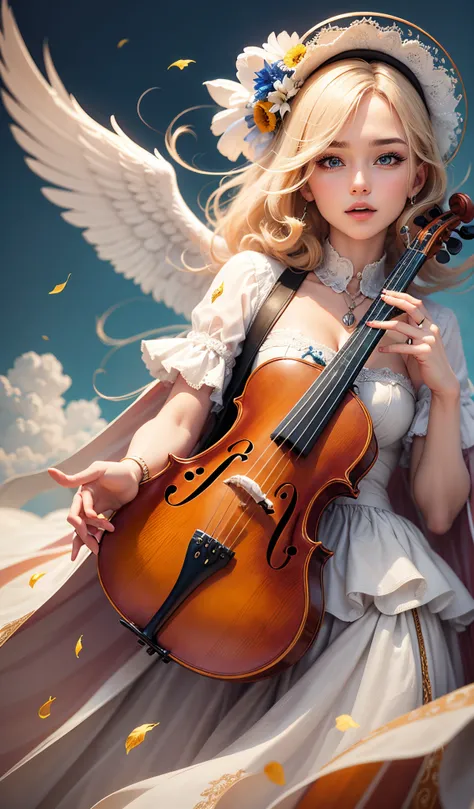 woman angel wearing white dress holding in her hands a violin above the clouds, she is blonde with blue eyes --auto --s2