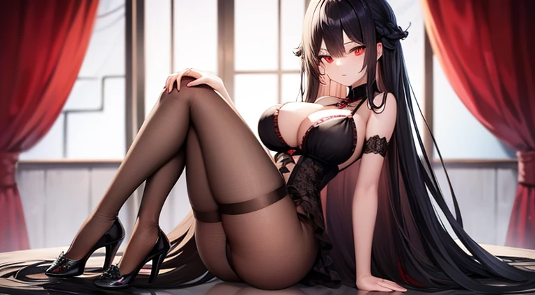 Long hair, black hair, red eyes, revealing outfit, black transparent lingerie, seductive sitting position, big breasts