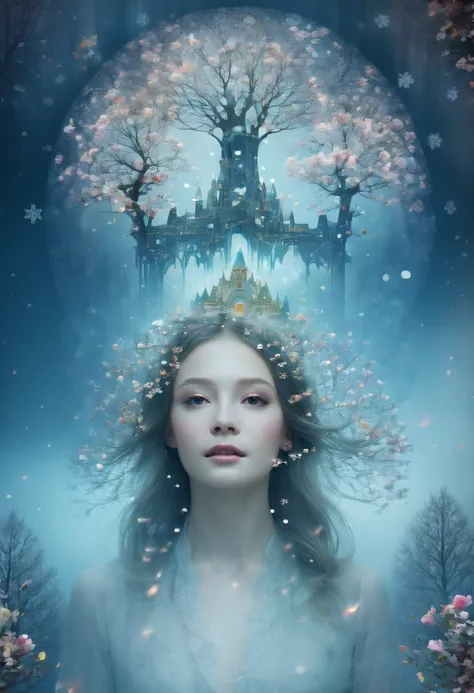 The princess&#39;s face appears in the air，(multiple exposure:1.8),winter landscape，Surreal wonderland，Dreamy cloud and fairy island，(Big snowflakes:1.3)，Colorful big snowflakes are flying，A princess&#39;The palace is covered with snow，The tree of life blo...