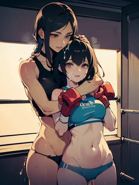 ((Mature female boxer and boxer girl)), sexy lips, sports bra, ((boxing gloves ,sweat all over the body,（An enthusiastic look）,steam,((Hugs boxer girl from behind)),((two womans)),in crotch,Inserted at the back,eyes rolling,Ripe body,Immature Body,NSFW,fem...