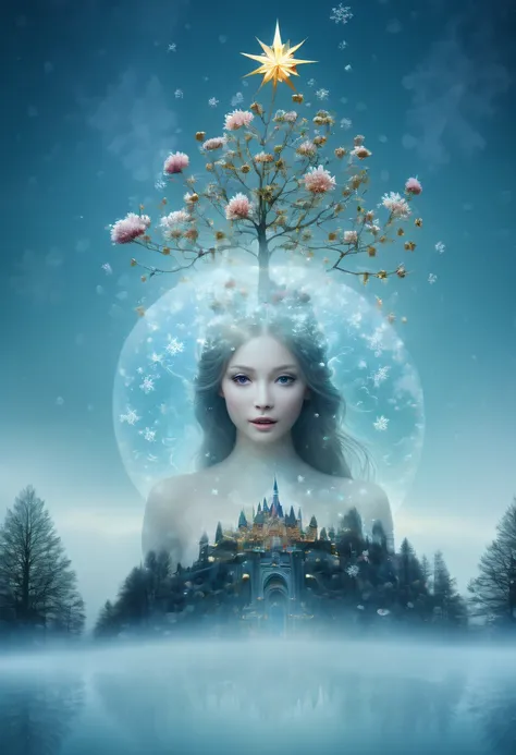 The princess&#39;s face appears in the air，(multiple exposure:1.8),winter landscape，Surreal wonderland，Dreamy cloud and fairy island，(Big snowflakes:1.3)，Colorful big snowflakes are flying，A princess&#39;The palace is covered with snow，The tree of life blo...