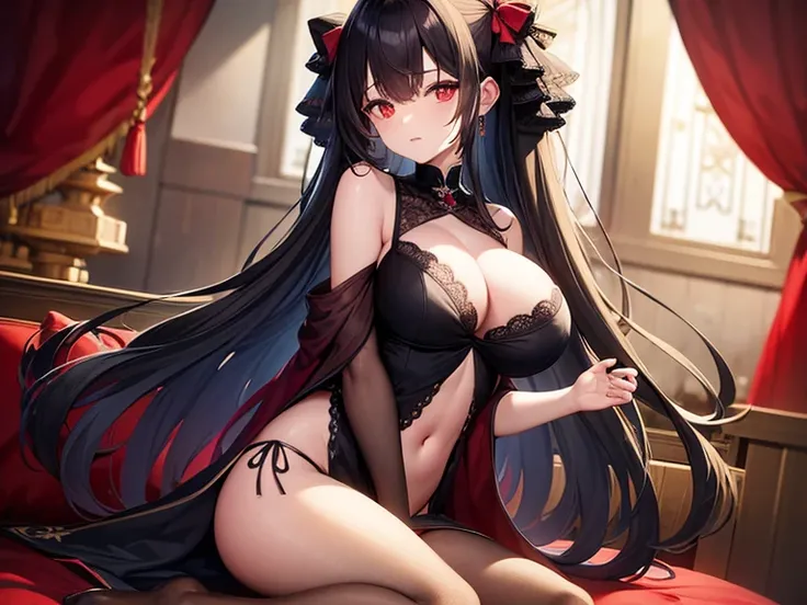 Long hair, black hair, red eyes, revealing outfit, black transparent lingerie, seductive sitting position, big breasts