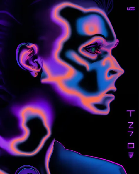 um close de uma garoto com rosto neon e fundo preto, inspirado em Tytus Czyżewski, arte digital neon, Arte digital hiper colorida, Directed by: Tytus Czyżewski, arte digital synthwave, estilo de arte synthwave, estilo vaporwave, estilo de arte synthwave ]!...