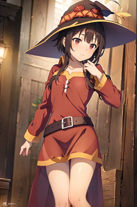 (masterpiece, best quality), intricate details, 1girl, megumin, short hair, dress, red dress, hat, witch hat, belt indoors