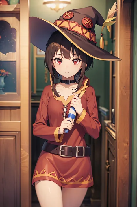 (masterpiece, best quality), intricate details, 1girl, megumin, short hair, dress, red dress, hat, witch hat, belt indoors