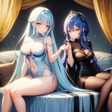 Long hair, light blue hair, yellow eyes, revealing outfit, black transparent lingerie, seductive sitting position, big breasts