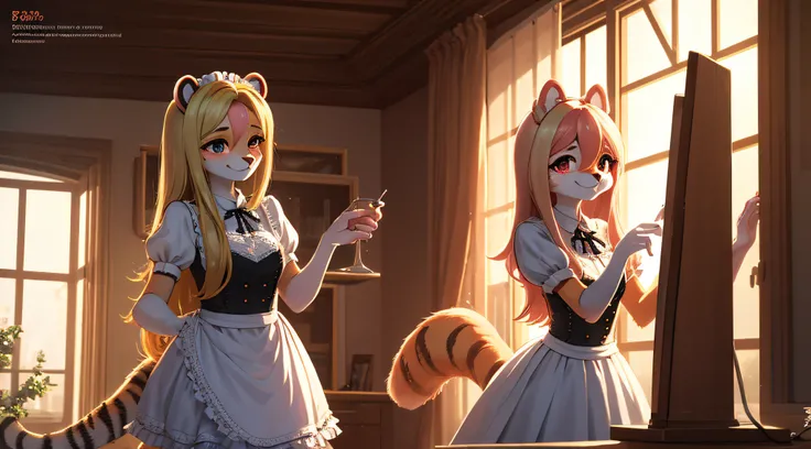 18-year-old beautiful tiger anthropomorphic girl, largeeyes, , Petite and slim, 8K, quality, (Very detailed title: 1.0), (The face is very delicate: 1.0), (hair very fine: 1.0), the maid outfit, Very detailed official artwork, Anime cute art style, clean a...